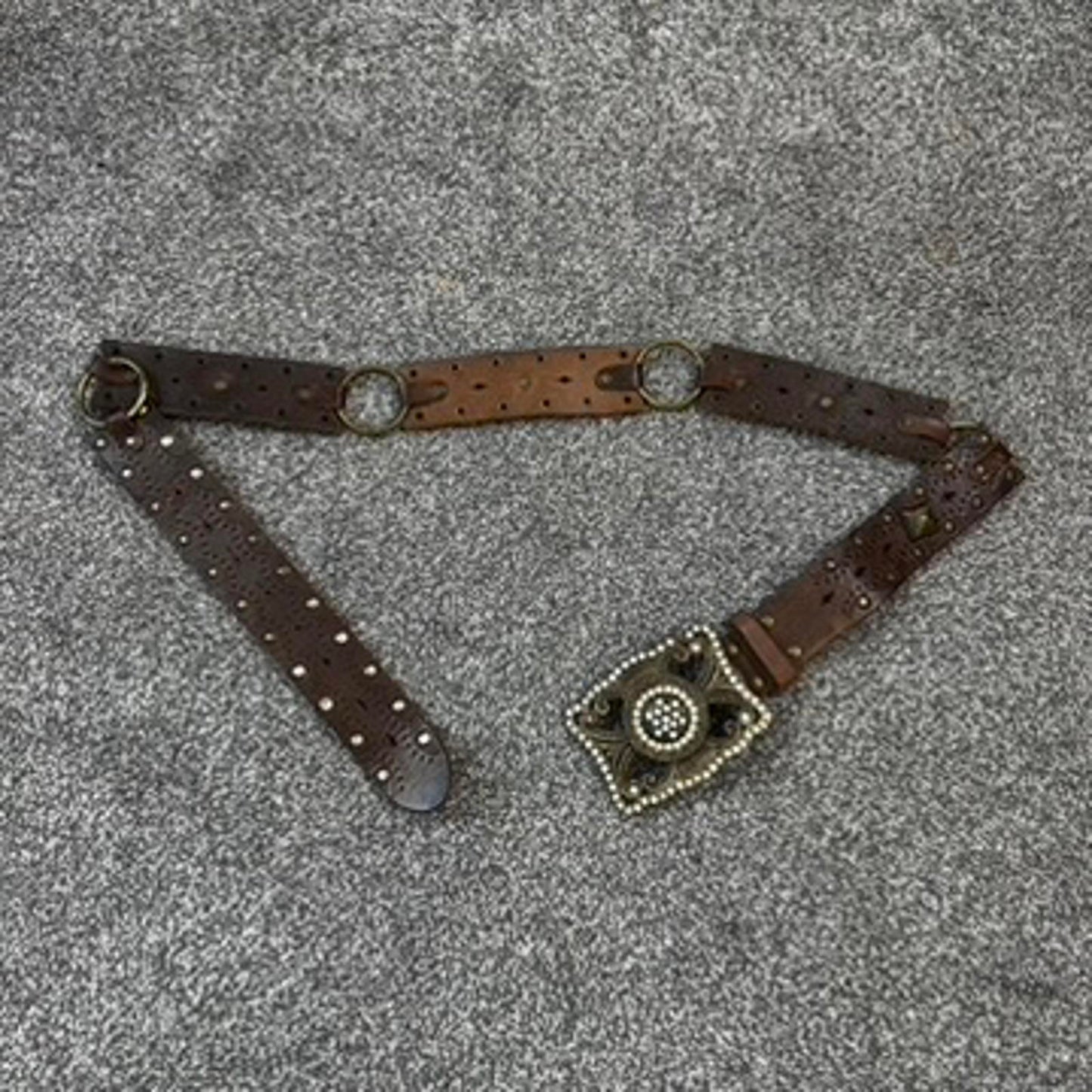 Y2K vintage genuine leather big buckle rhinestone belt brown o ring western