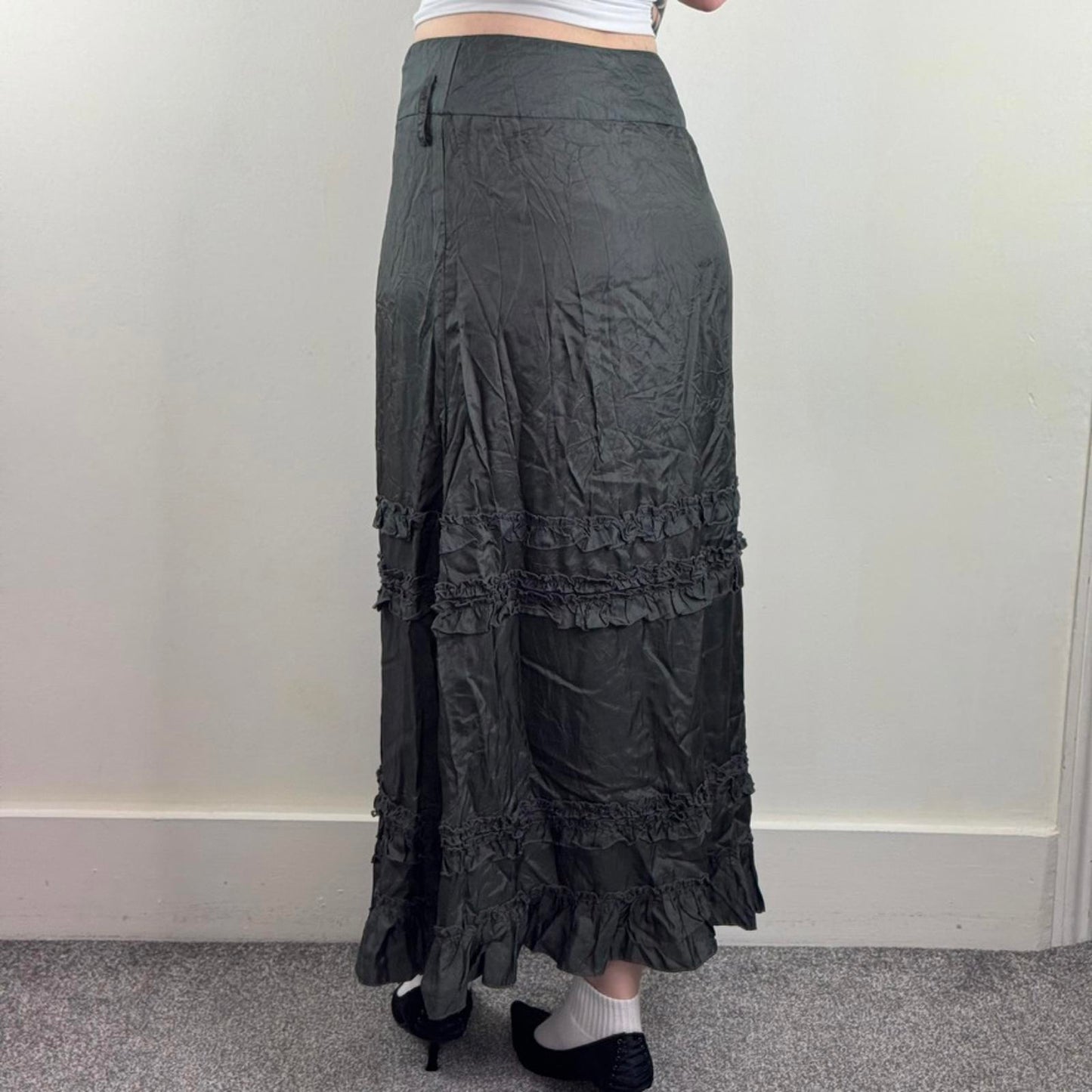 Y2K vintage maxi skirt a line ruffle hem dark grey acetate ruched lightweight