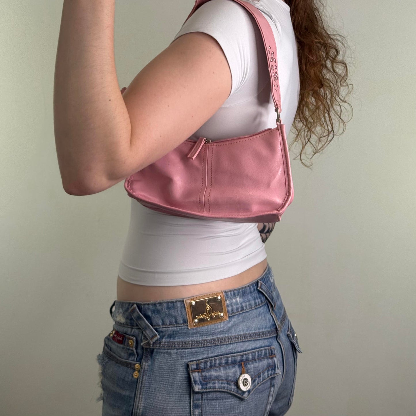 Y2K vintage faux leather mini shoulder bag baby pink studded rhinestone