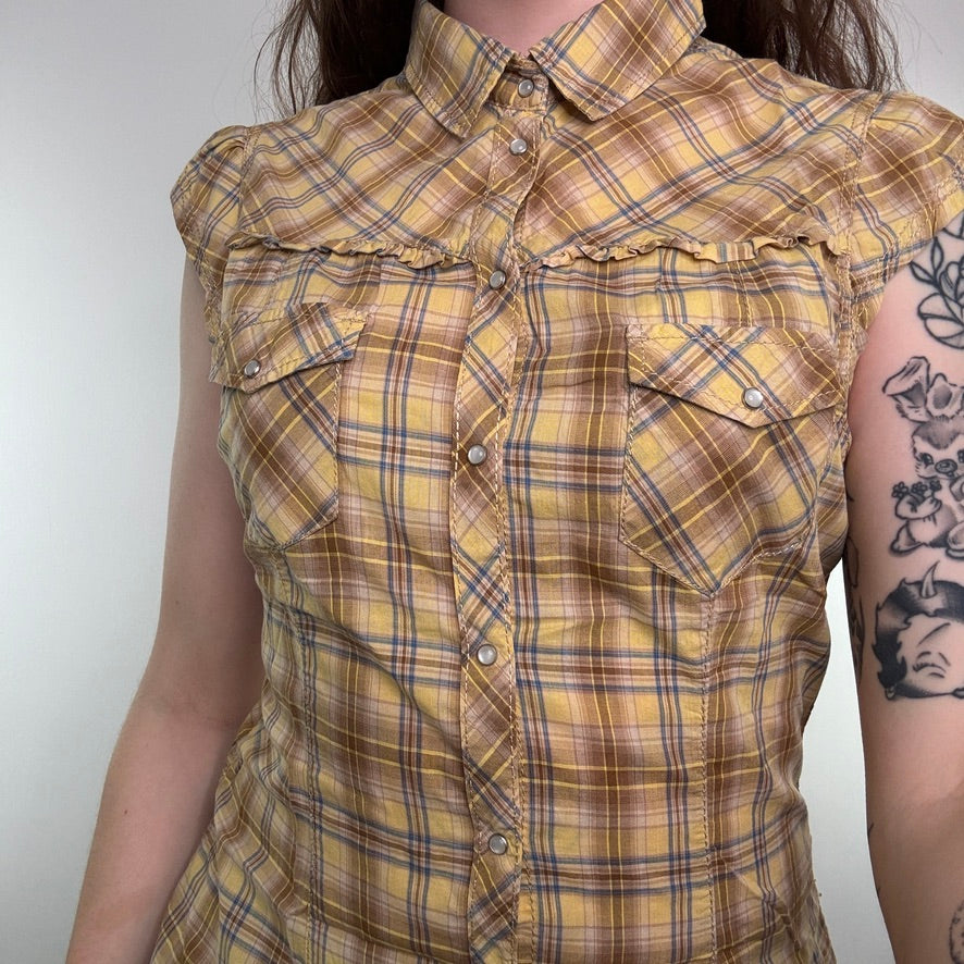 Y2K sleeveless tartan check button up collared shirt