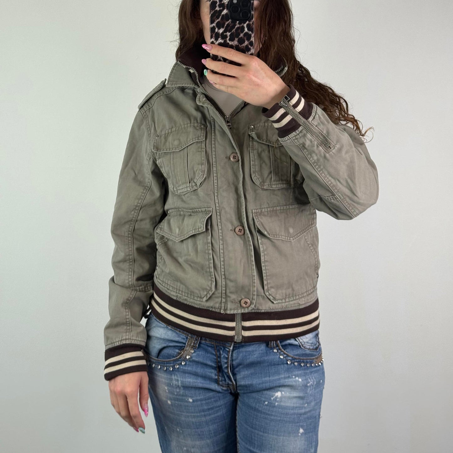 Y2K vintage denim zip button up bomber jacket stripe knit high neck unisex cargo