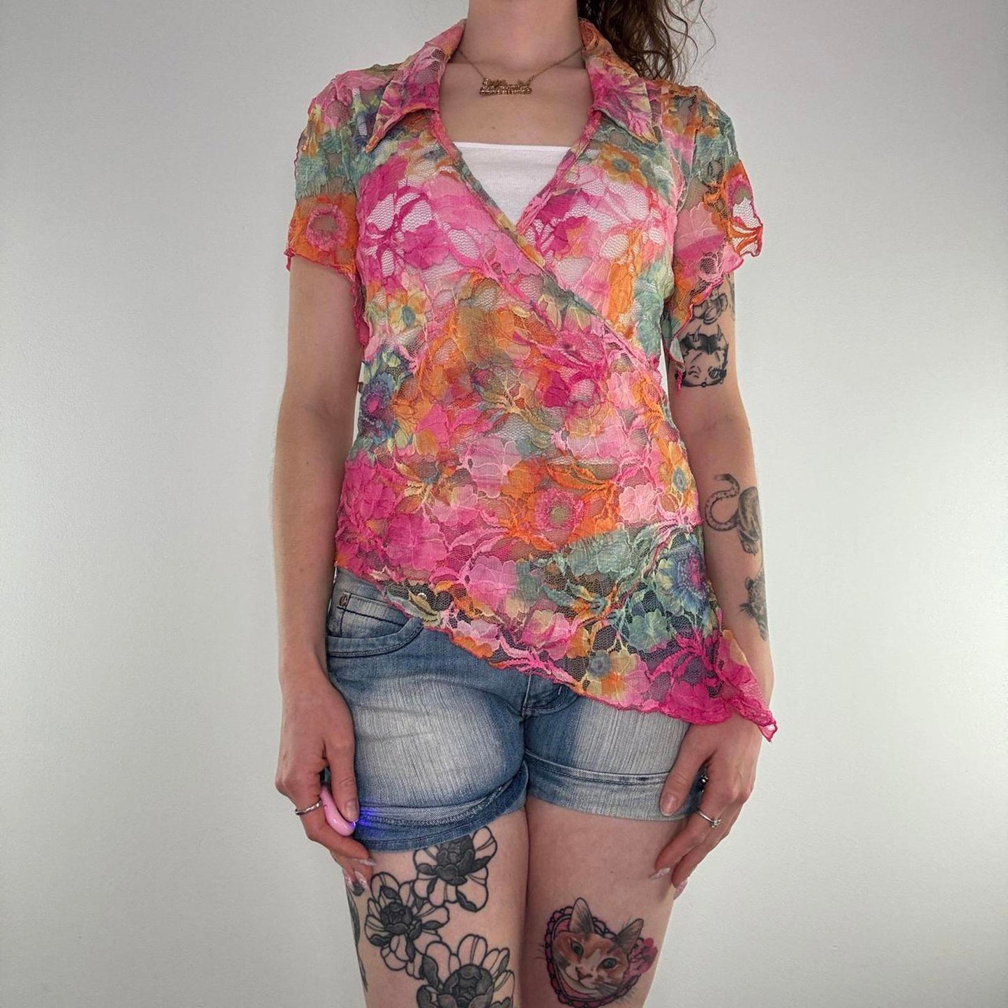 Y2K vintage floral lace top asymmetric frill short sleeve pink multi v neck mesh