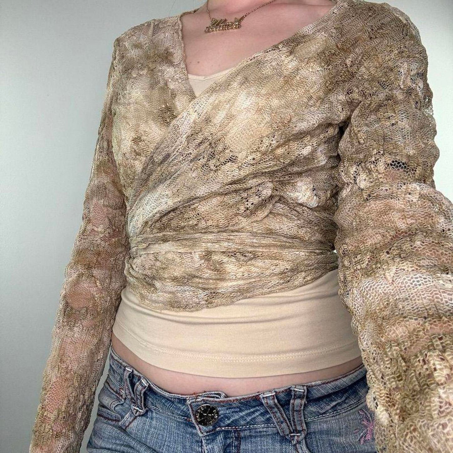 Y2K vintage ombre wraparound lace floral cardigan long sleeve v neck tie bow
