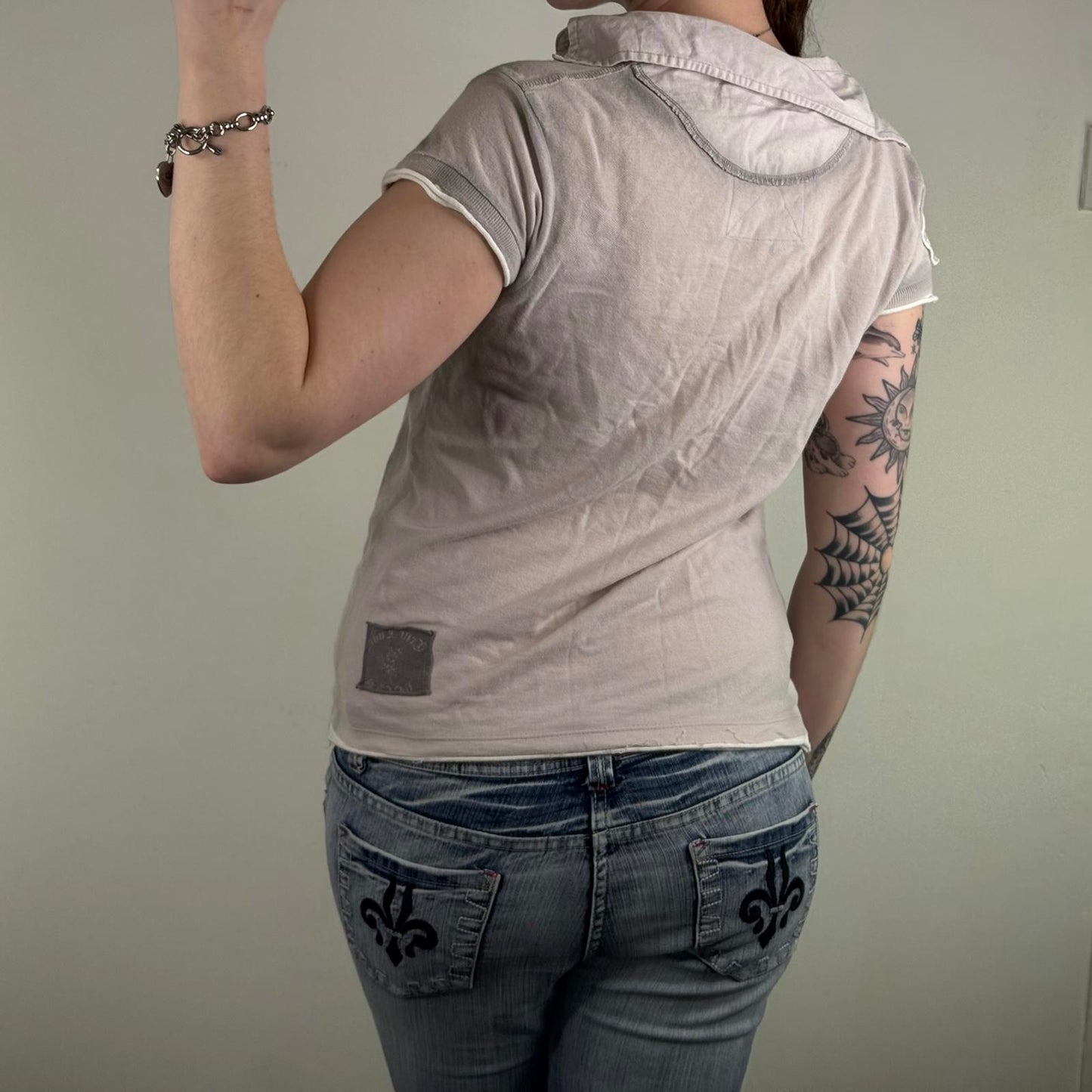 Y2K vintage River Island polo t shirt top v neck grey cross patches collared