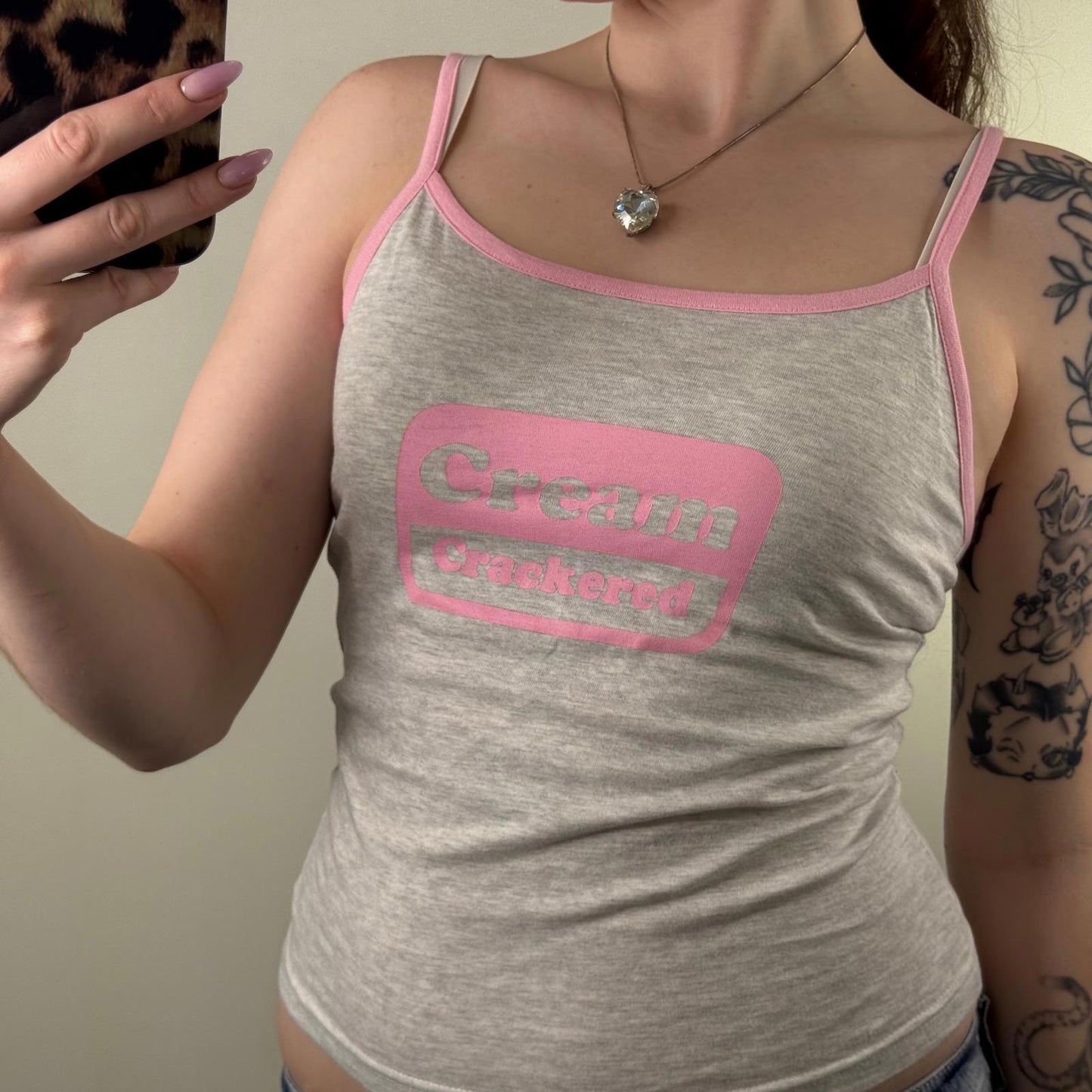 Y2K vintage cami top cream crackered slogan grey pink strappy fitted stretchy