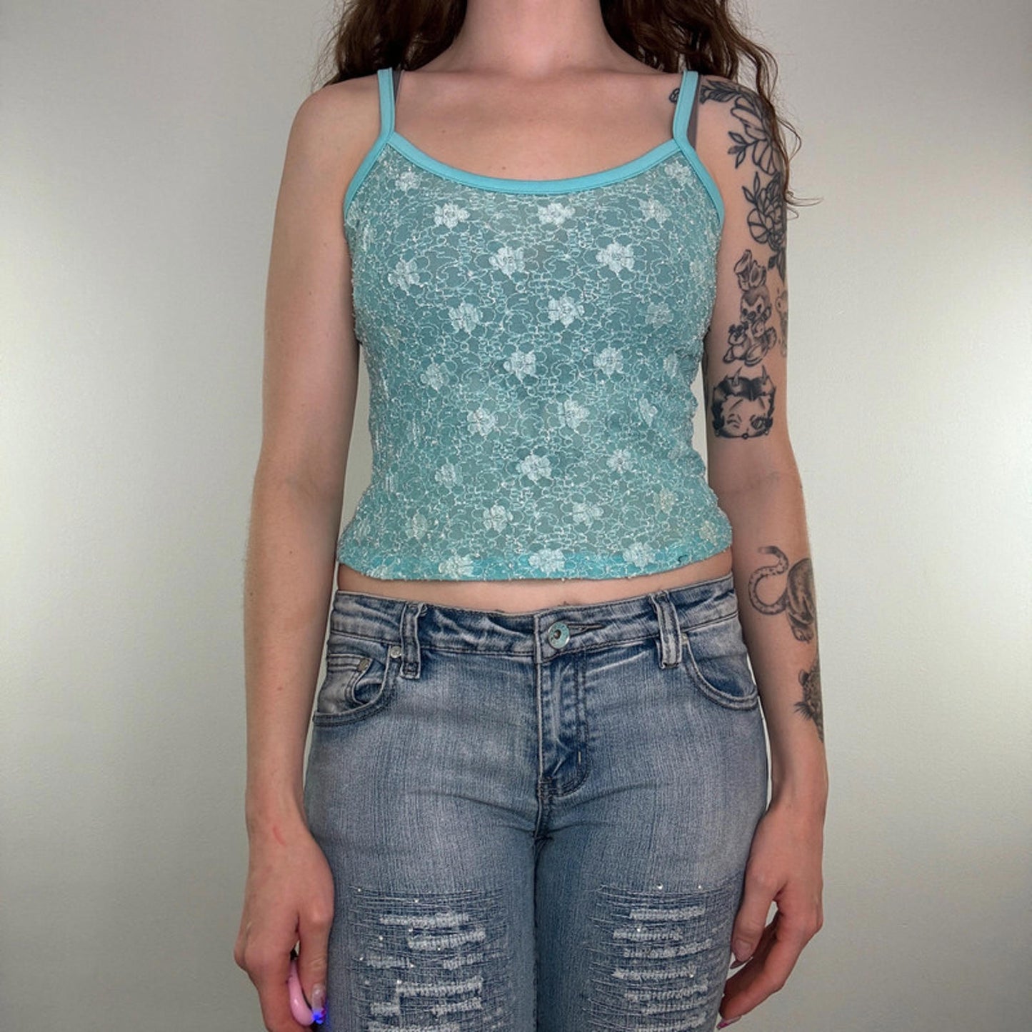 Y2K vintage floral mesh cami top sheer cropped strappy