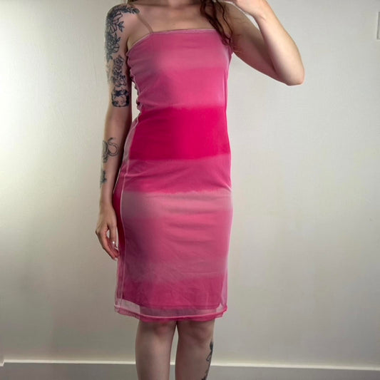 Y2K vintage ombre mesh overlay midi dress clear straps straight neck stripe pink