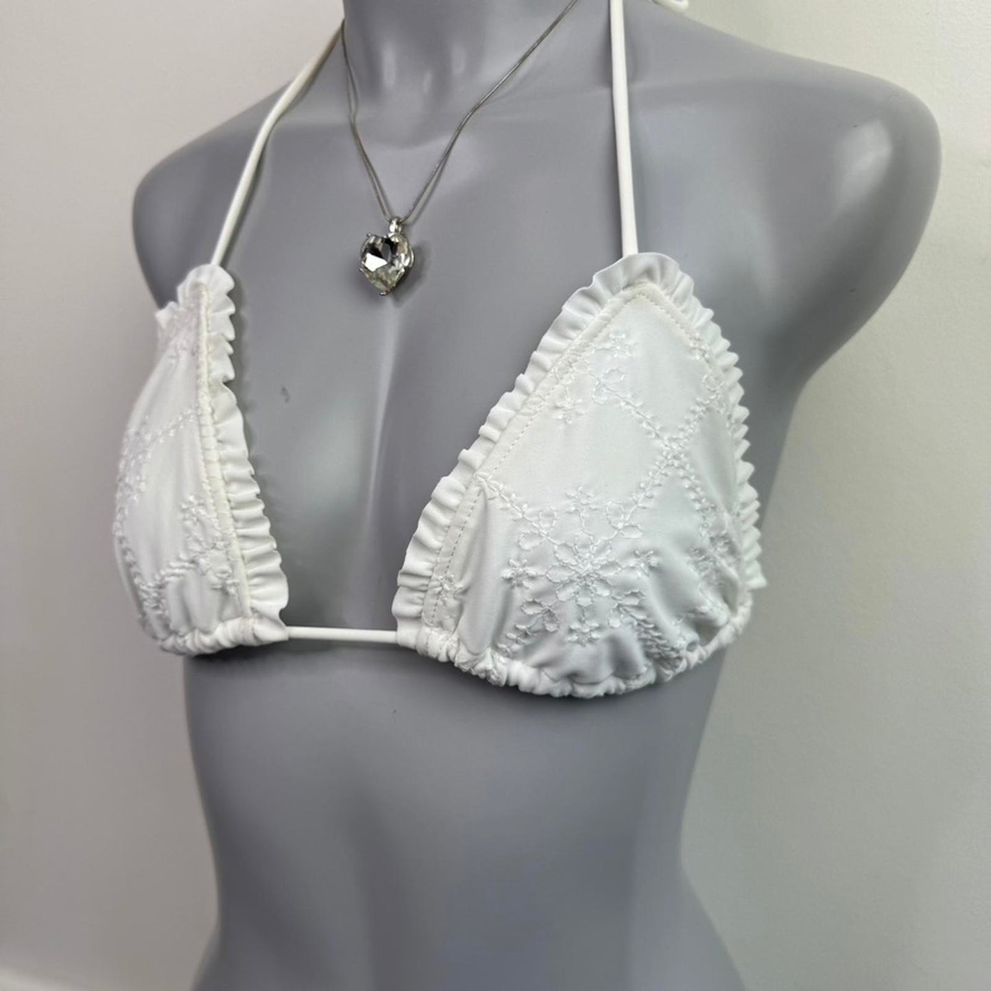 Y2K vintage coquette halter neck frill bow bikini top floral embroidery