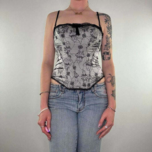 Y2K vintage gothic lace trim boned strapless corset top satin floral filigree