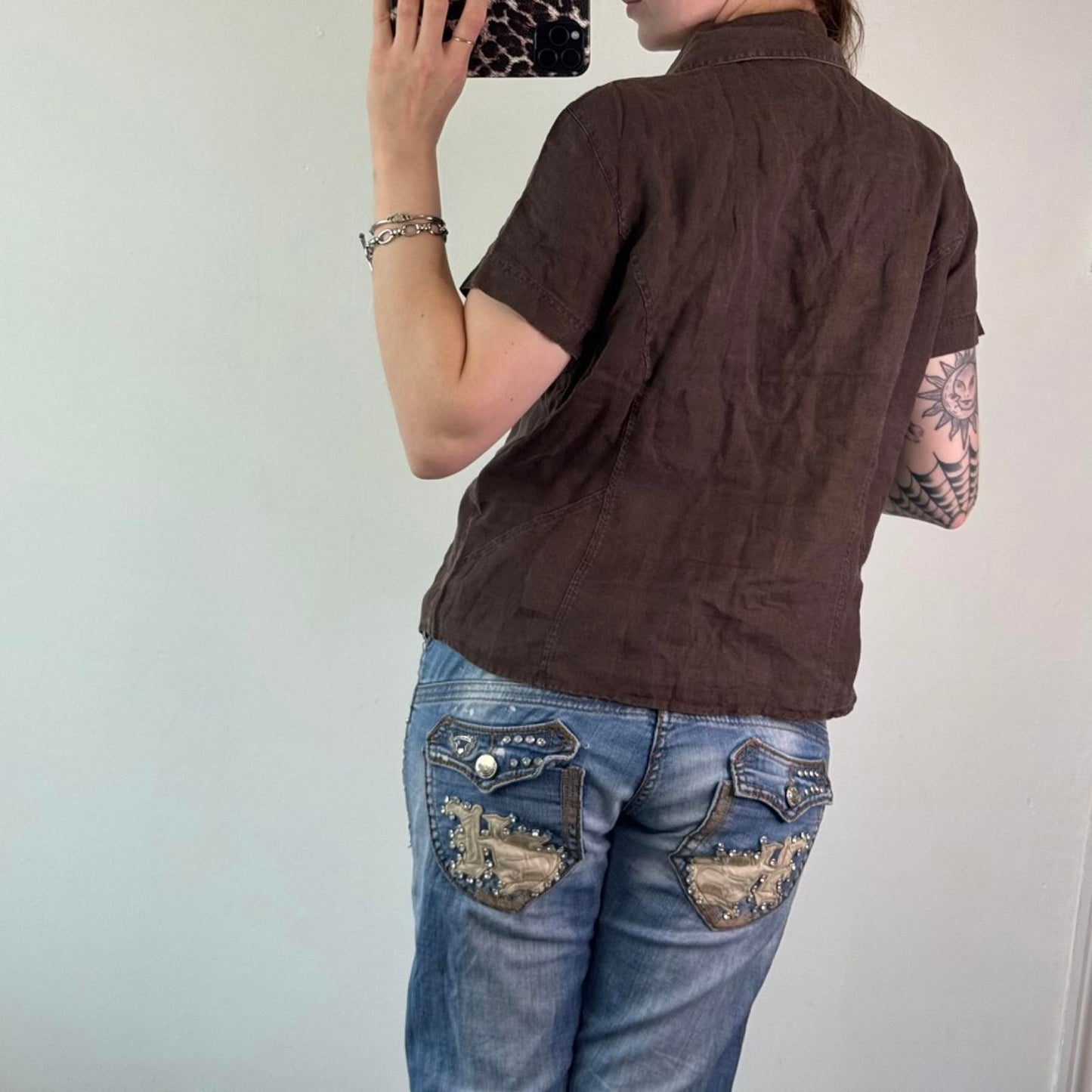 Y2K vintage 100% linen button up short sleeve shirt blouse cargo pockets