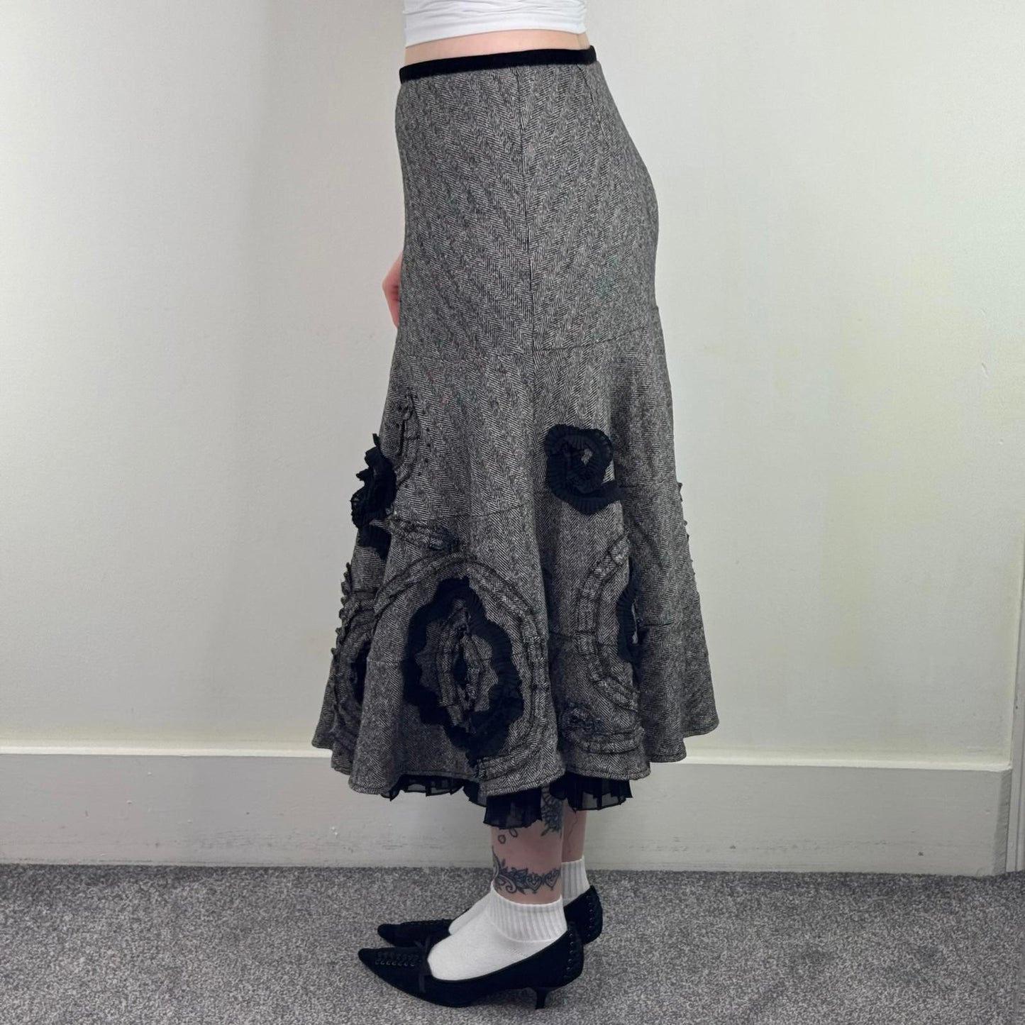 Y2K vintage Per Una wool blend maxi skirt a line frill hem pleated herringbone