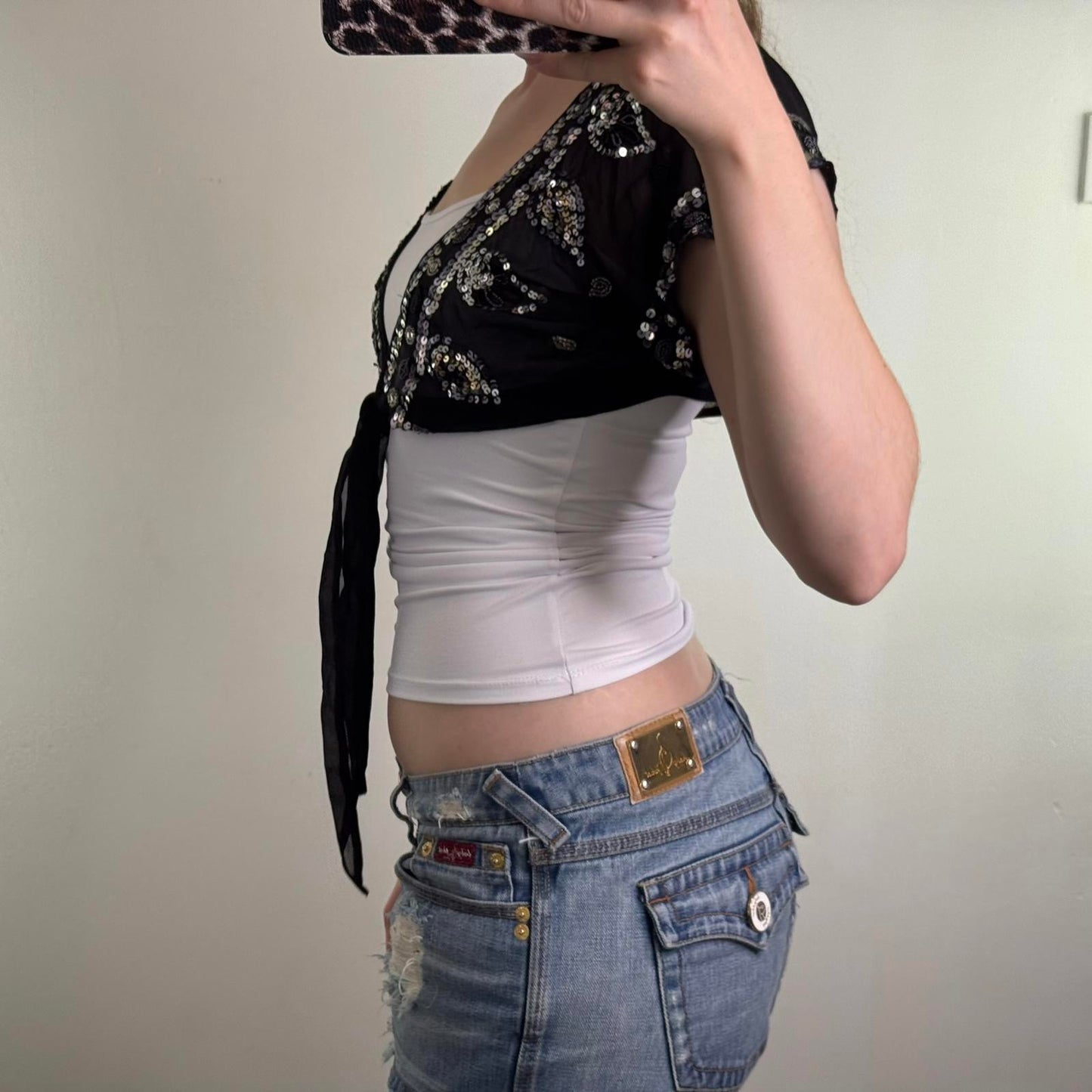 Y2K vintage 100% silk cropped cardigan shrug sheer beaded sequin bow embellished