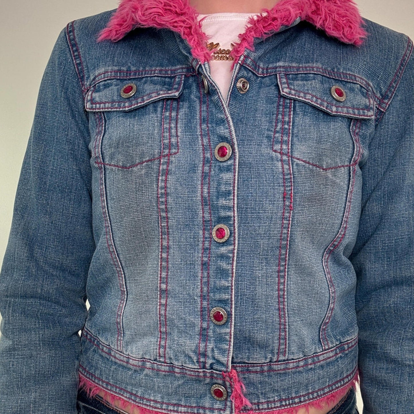 Y2K vintage denim pink faux fur trim rhinestone denim jacket cropped short