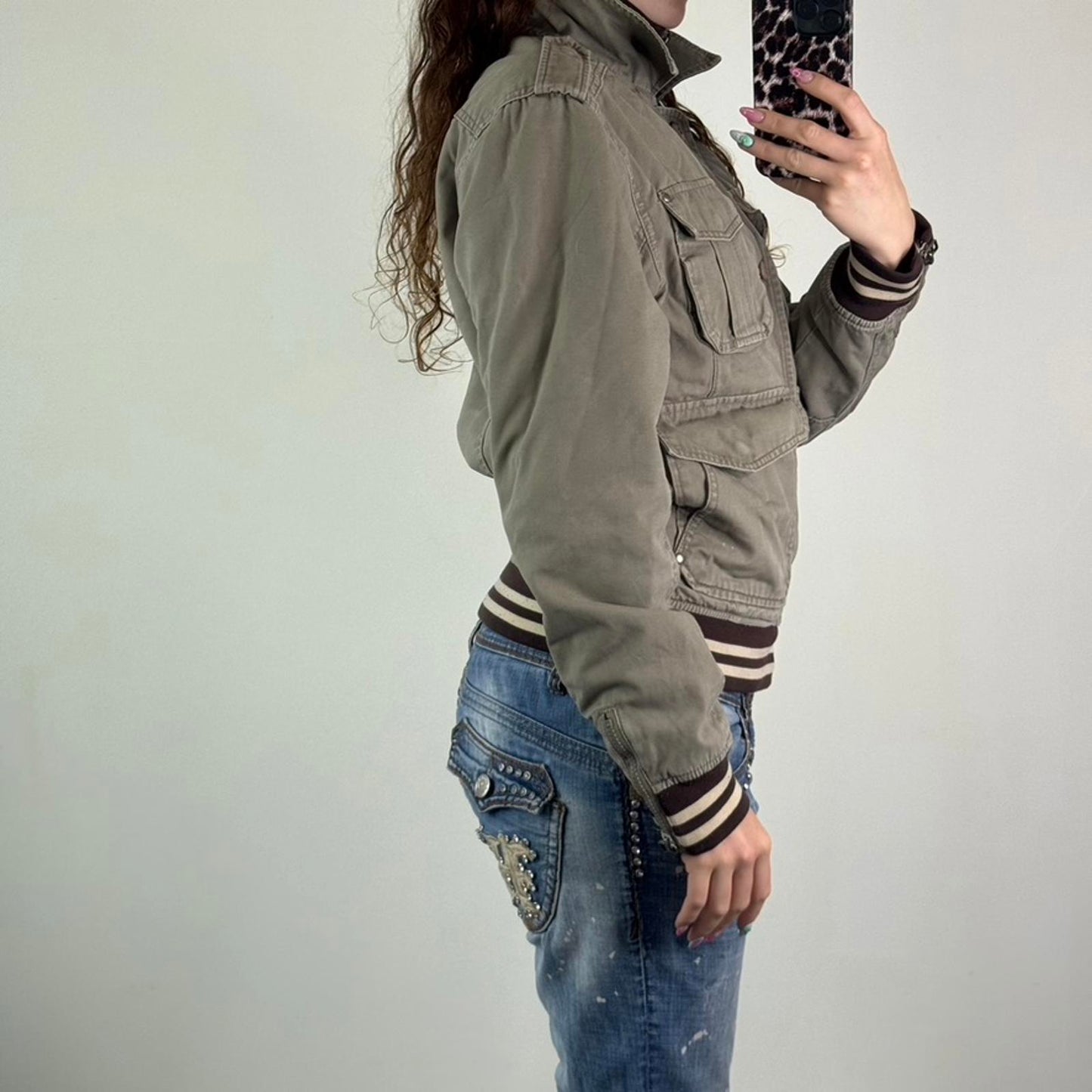 Y2K vintage denim zip button up bomber jacket stripe knit high neck unisex cargo