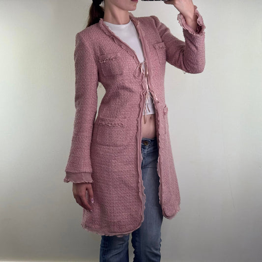 Y2K vintage wool blend long trench coat shoulder pads frill pink bow tweed