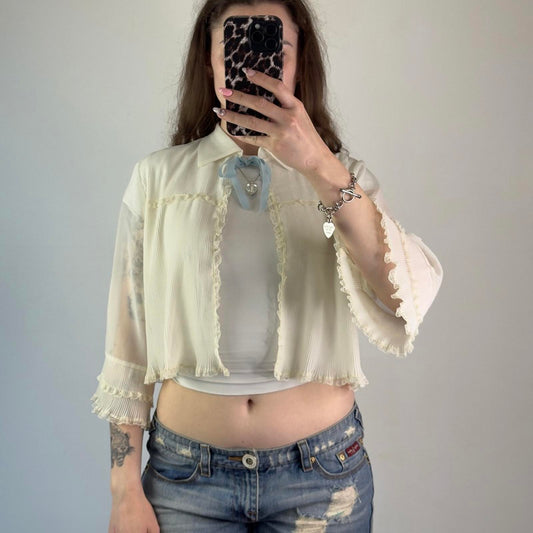 Y2K vintage lingerie bed night cardigan sheer frilly bow flare sleeve coquette