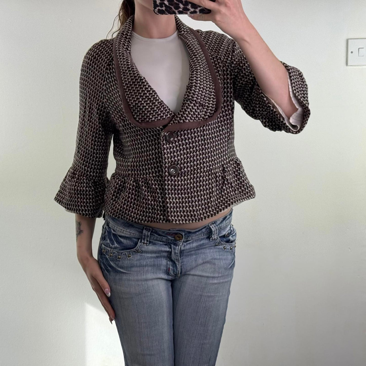 Y2K vintage wool blend cropped jacket frill flare hem v neck tailored pea