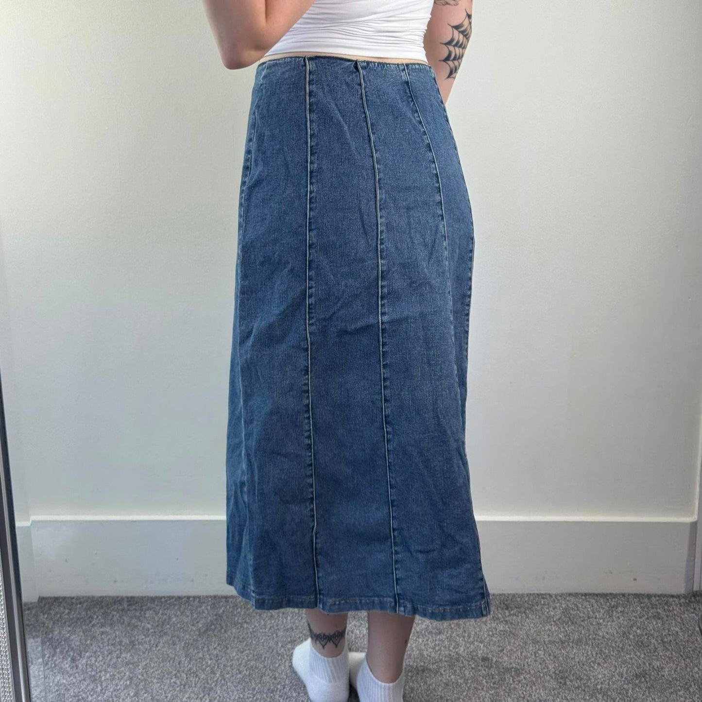 Y2K vintage denim maxi skirt a line stretchy faded light blue wash