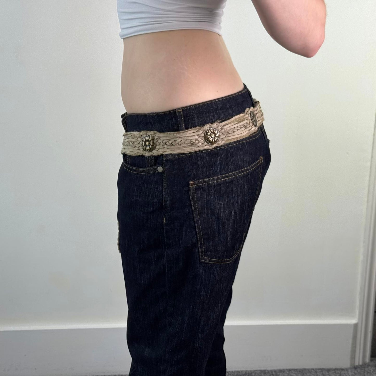 Y2K vintage woven braided disc belt buckle beige clover