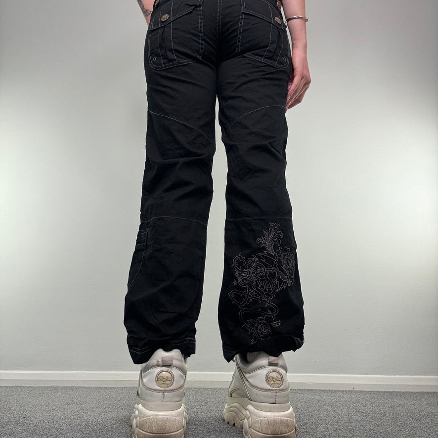 Y2K vintage low rise rose embroidered baggy cargo trousers