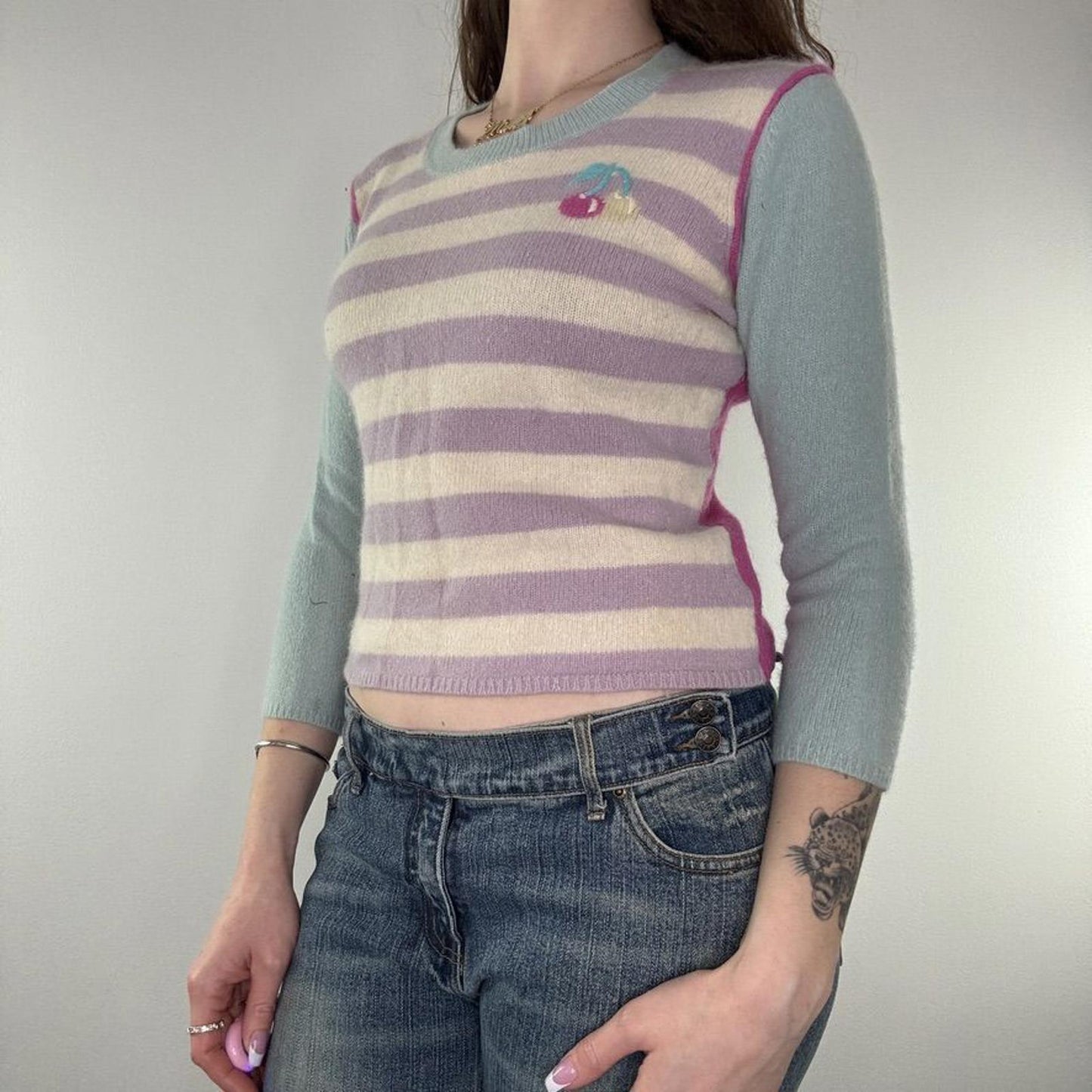 Y2K vintage wool stripe cherry jumper pastel block colours 3/4 sleeve knit