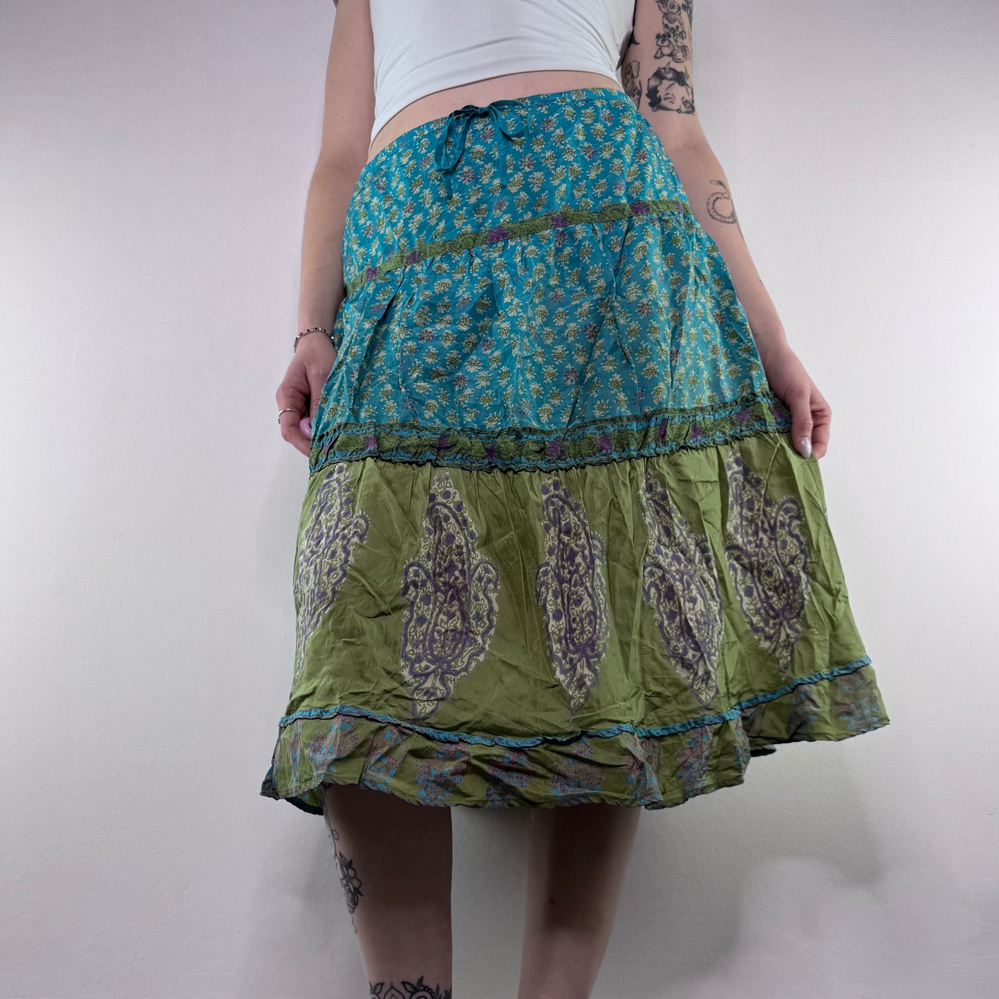 Y2K vintage paisley print silk midi skirt