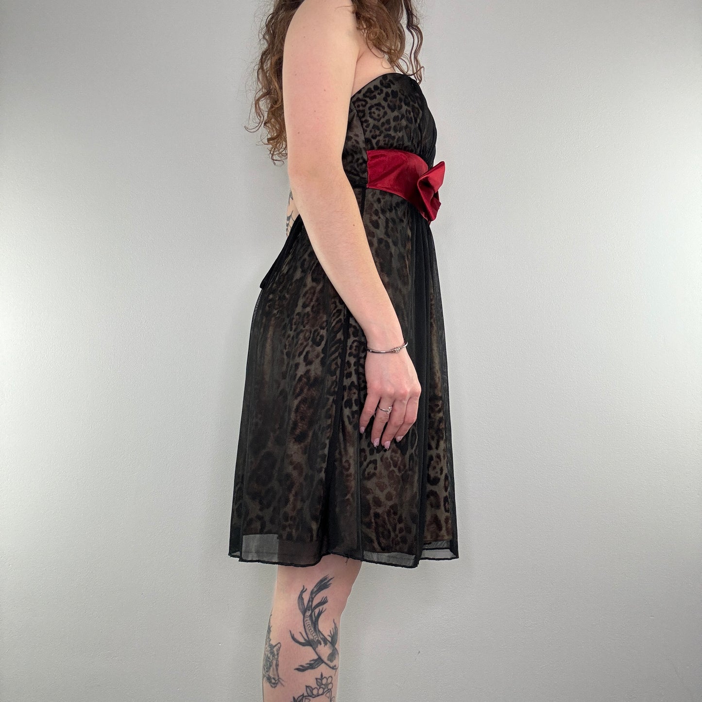 Y2K vintage leopard print bow midi dress