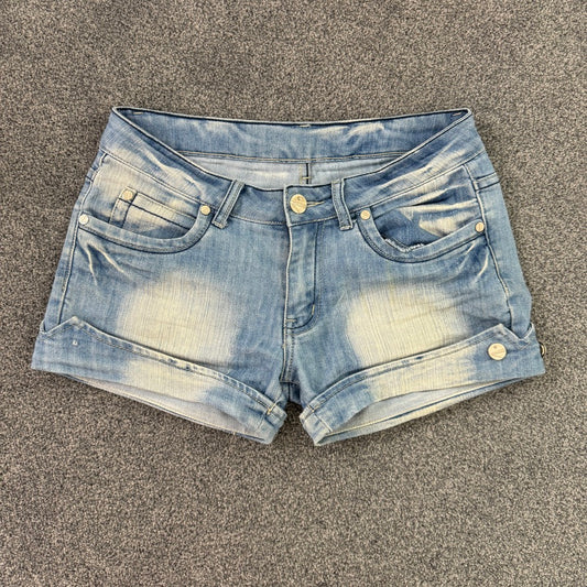 Y2K stretchy low rise faded embroidered denim mini shorts