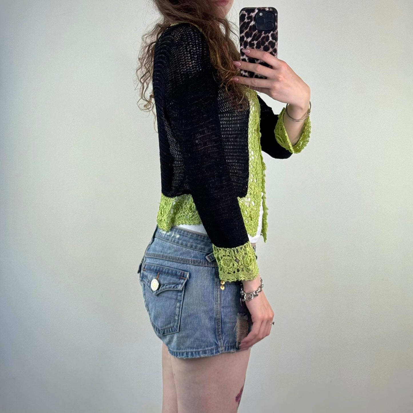 Y2K vintage crochet button up cardigan black green v neck floral pattern sheer