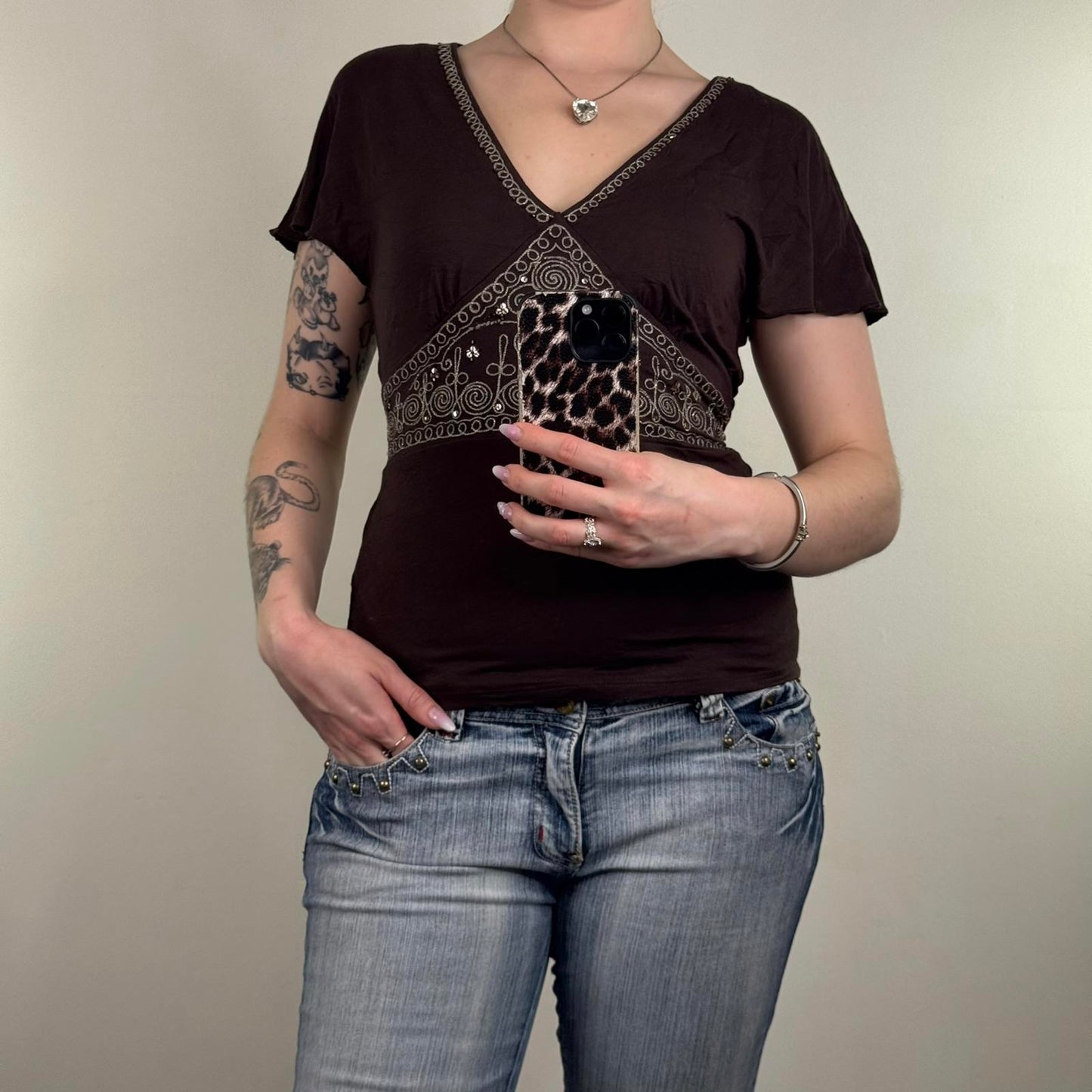 Y2K vintage boho tie back top short sleeve v neck embroidered sequin bow stretch
