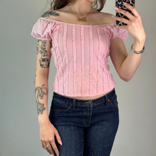 Y2K vintage off the shoulder puff sleeve ruffle piping princess coquette top