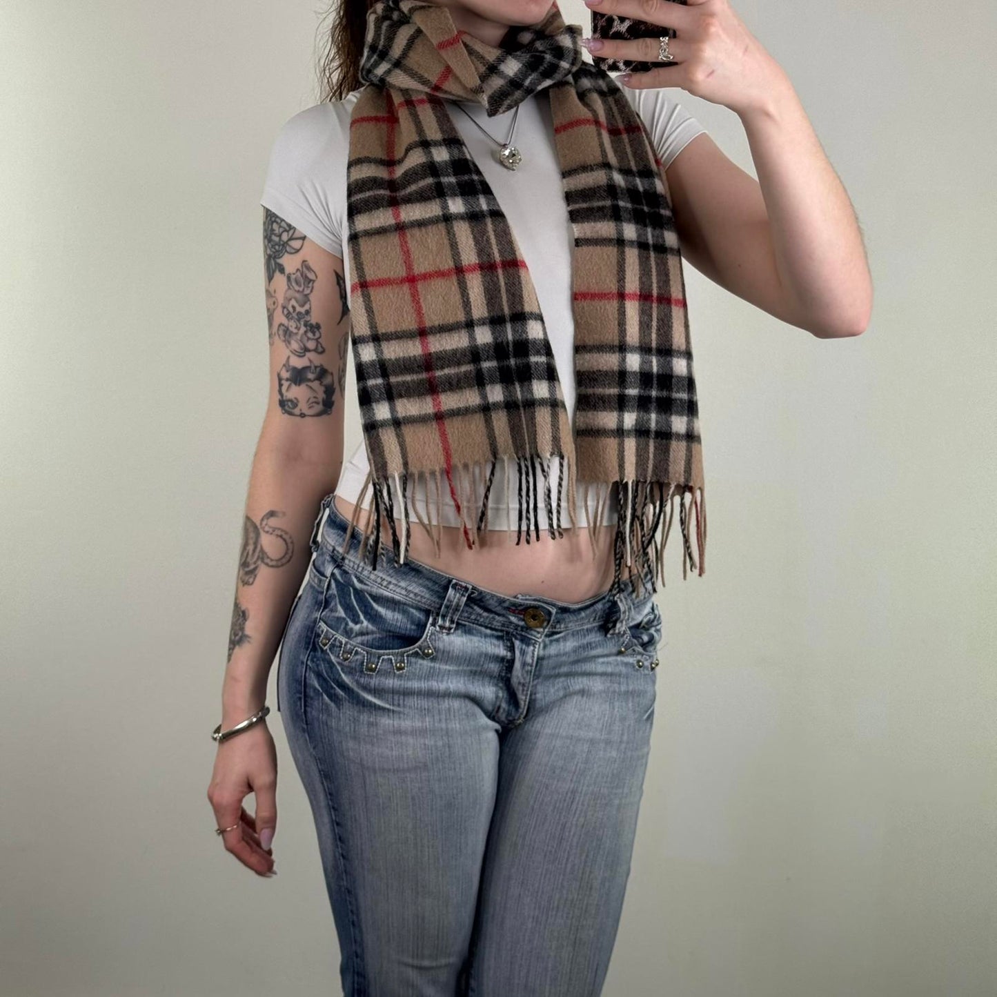 Y2K vintage nova check scarf wool blend unisex fringe