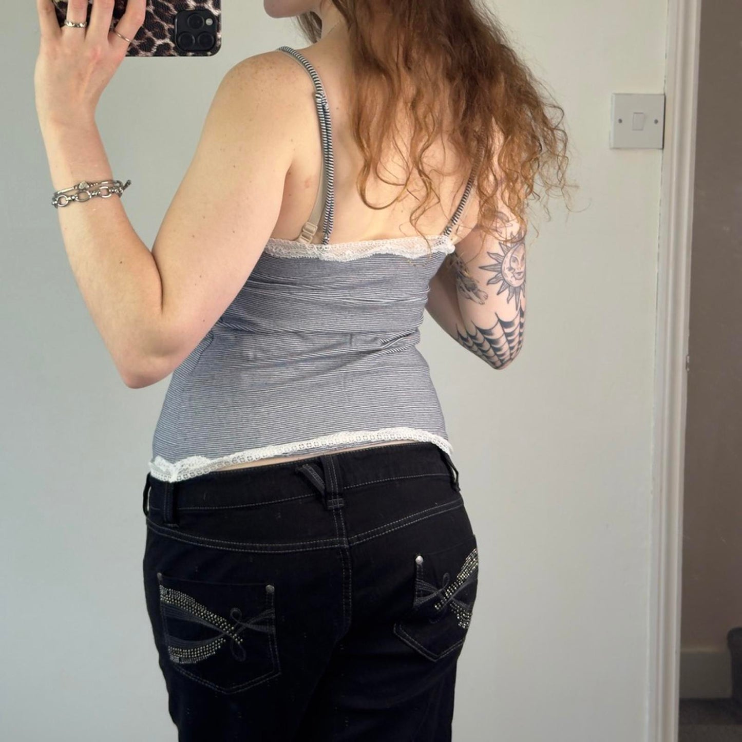 Y2K vintage stripe sparkly cami top lace trim pink bow bust navy white strappy