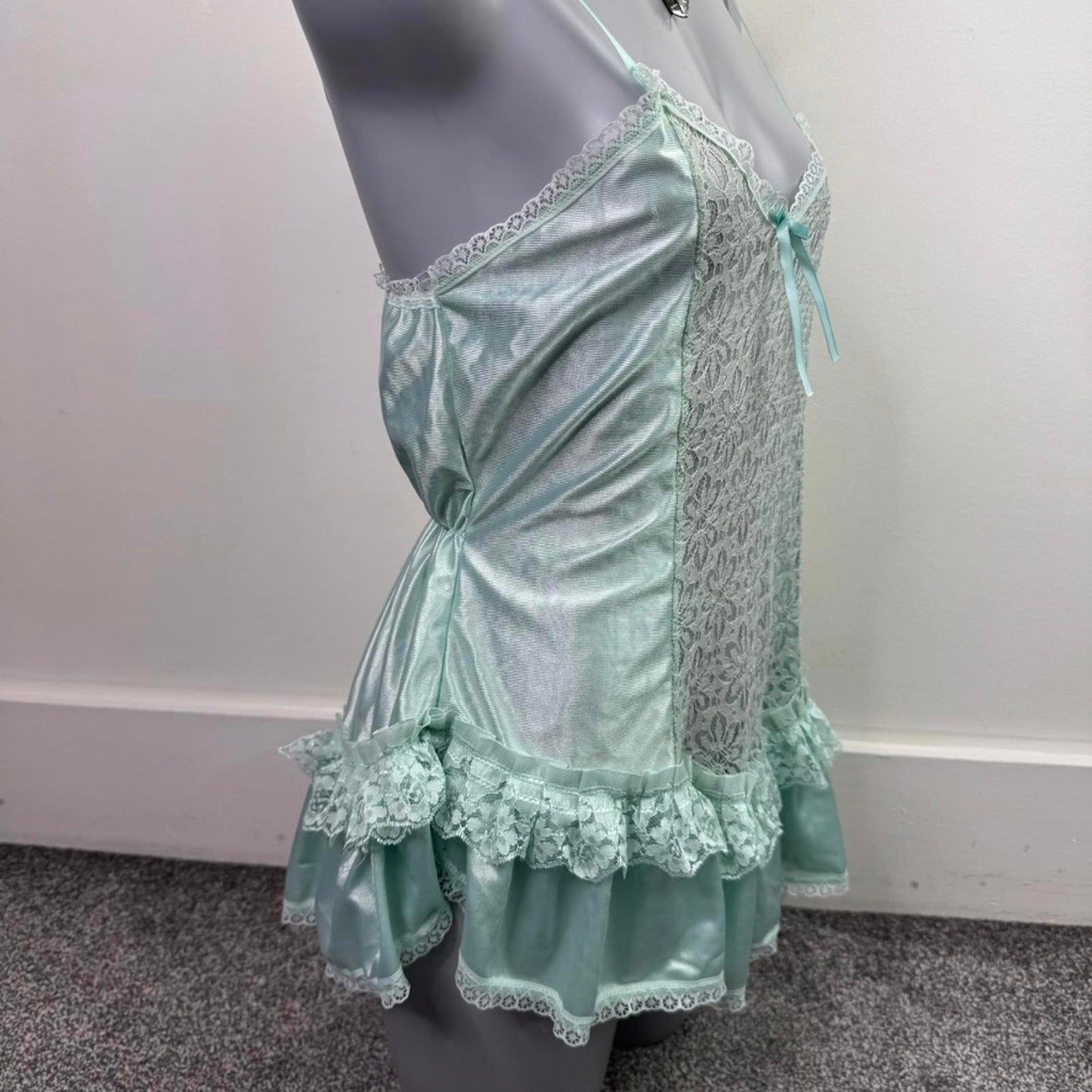 Y2K vintage lingerie nylon lace sheer frilly babydoll style top bow cami sheer