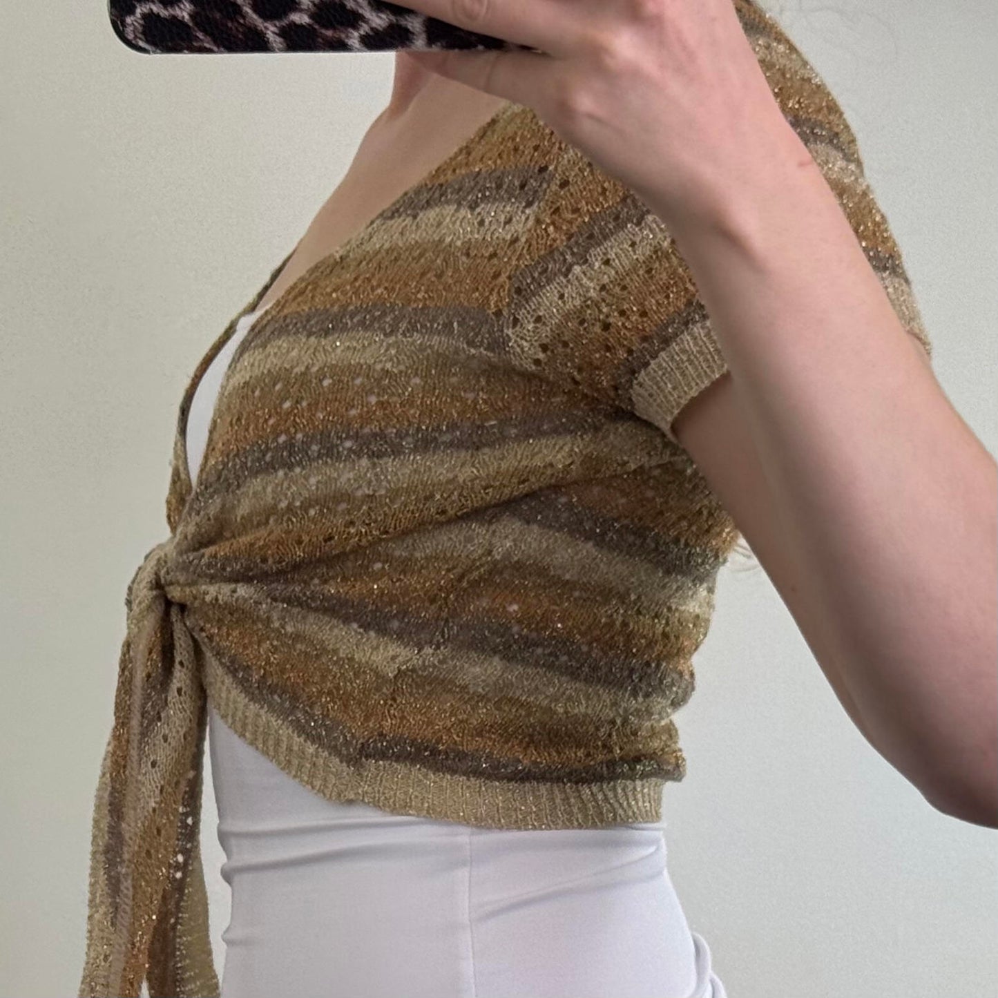 Y2K vintage Bay cropped tie bow front cardigan sparkly glitter stripe gold