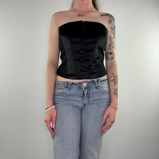 Y2K vintage satin style hook and eye front boned strapless corset top