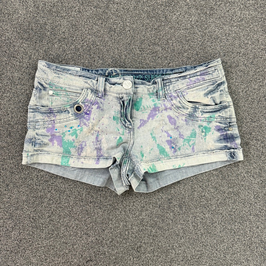 Y2K low rise paint splattered rhinestone mini denim shorts