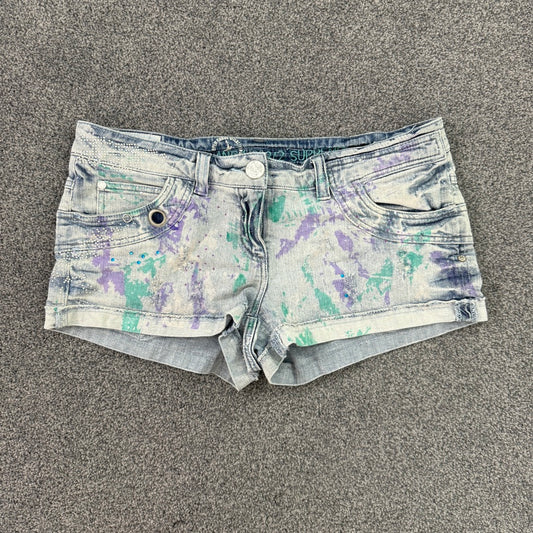 Y2K low rise paint splattered rhinestone mini denim shorts