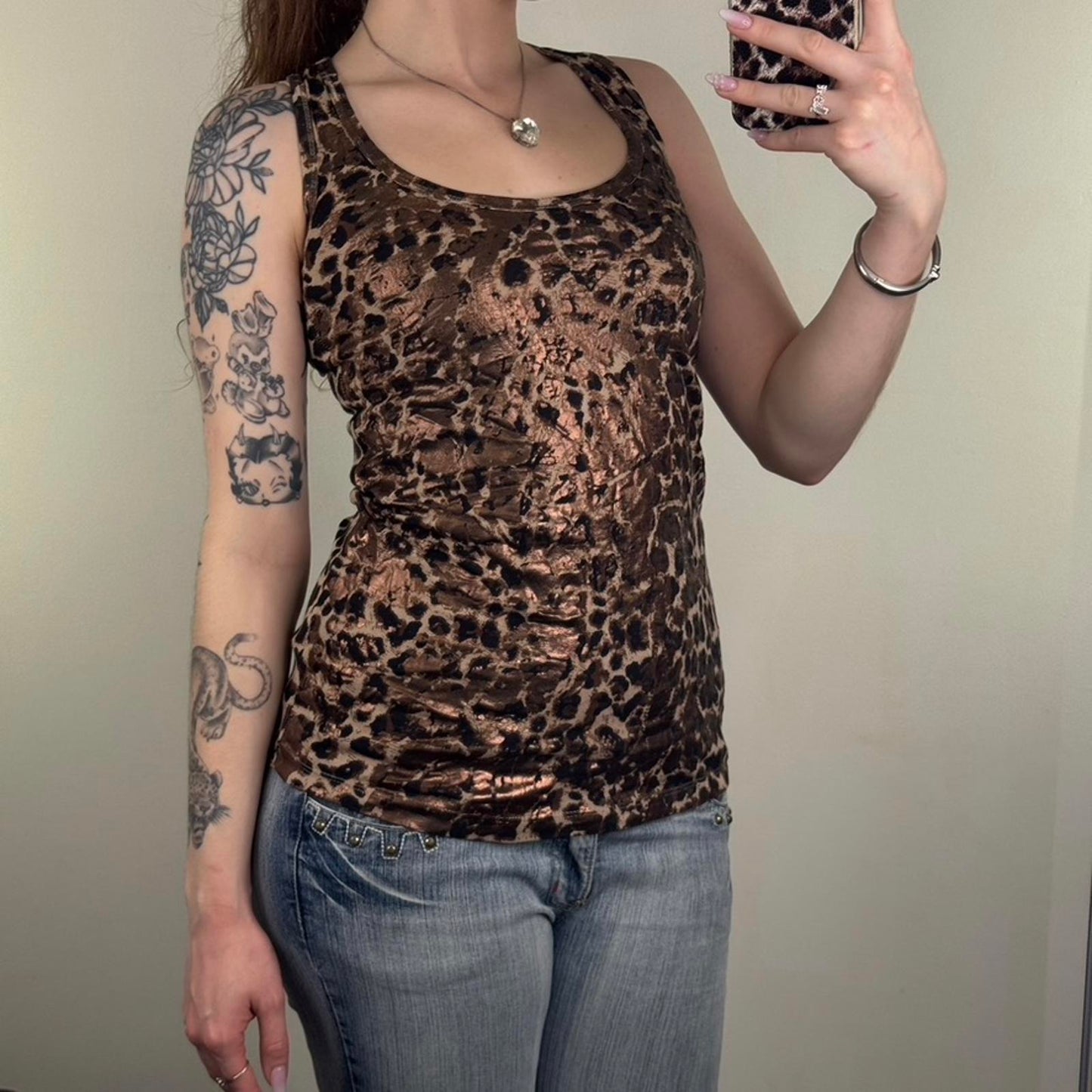 Y2K vintage leopard print tank top racerback brown shimmer round neckline