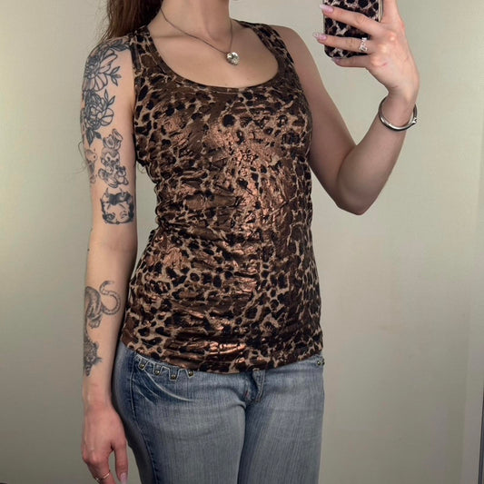 Y2K vintage leopard print tank top racerback brown shimmer round neckline