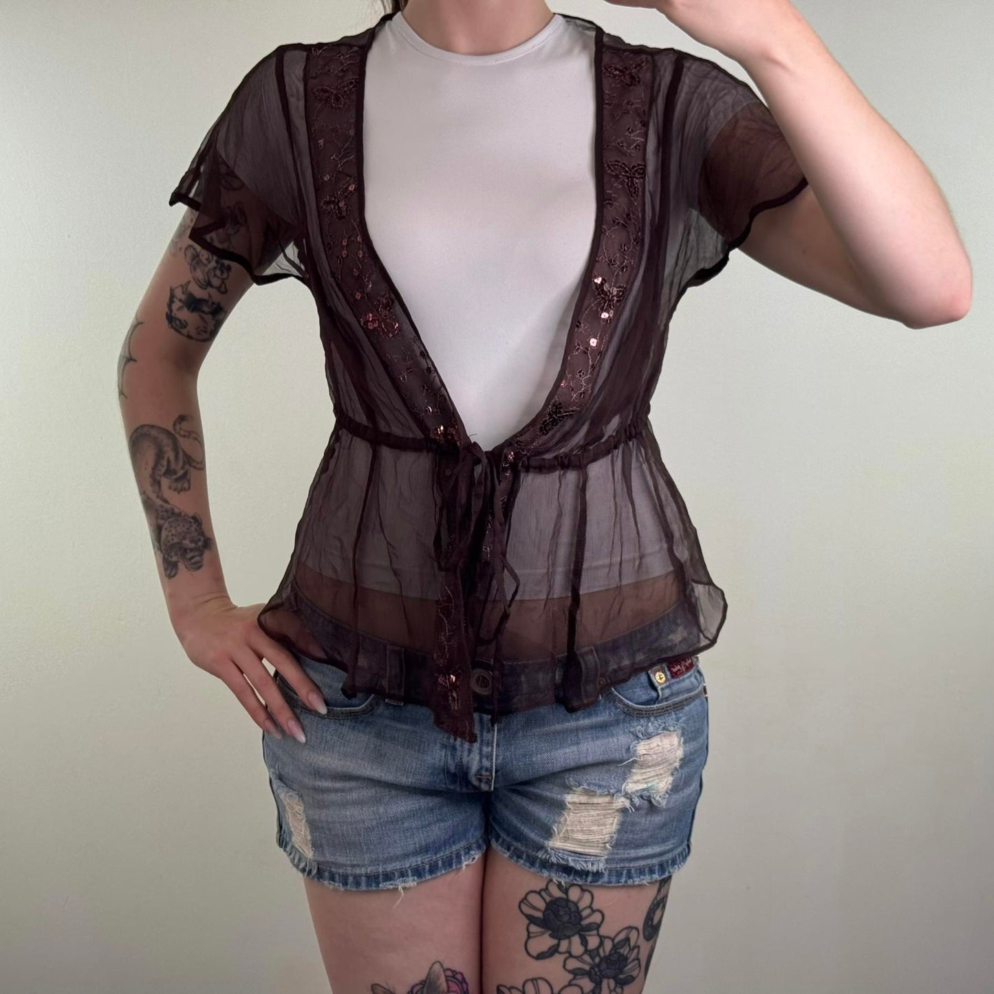 Y2K vintage 100% pure silk sheer blouse short sleeve cardigan shrug floral