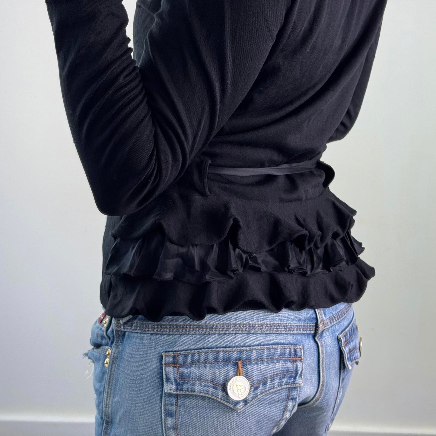 Y2K vintage part silk button up fine knit cardigan ruffle bow v neck archive