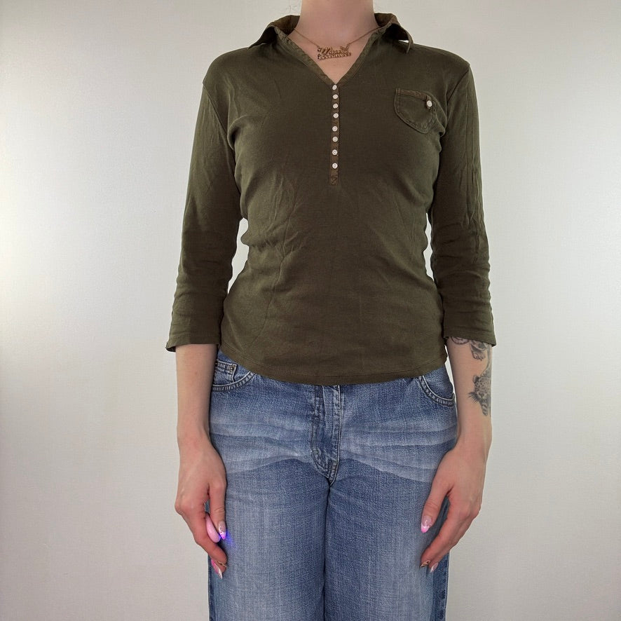 Y2K vintage khaki henley 3/4 sleeve polo top