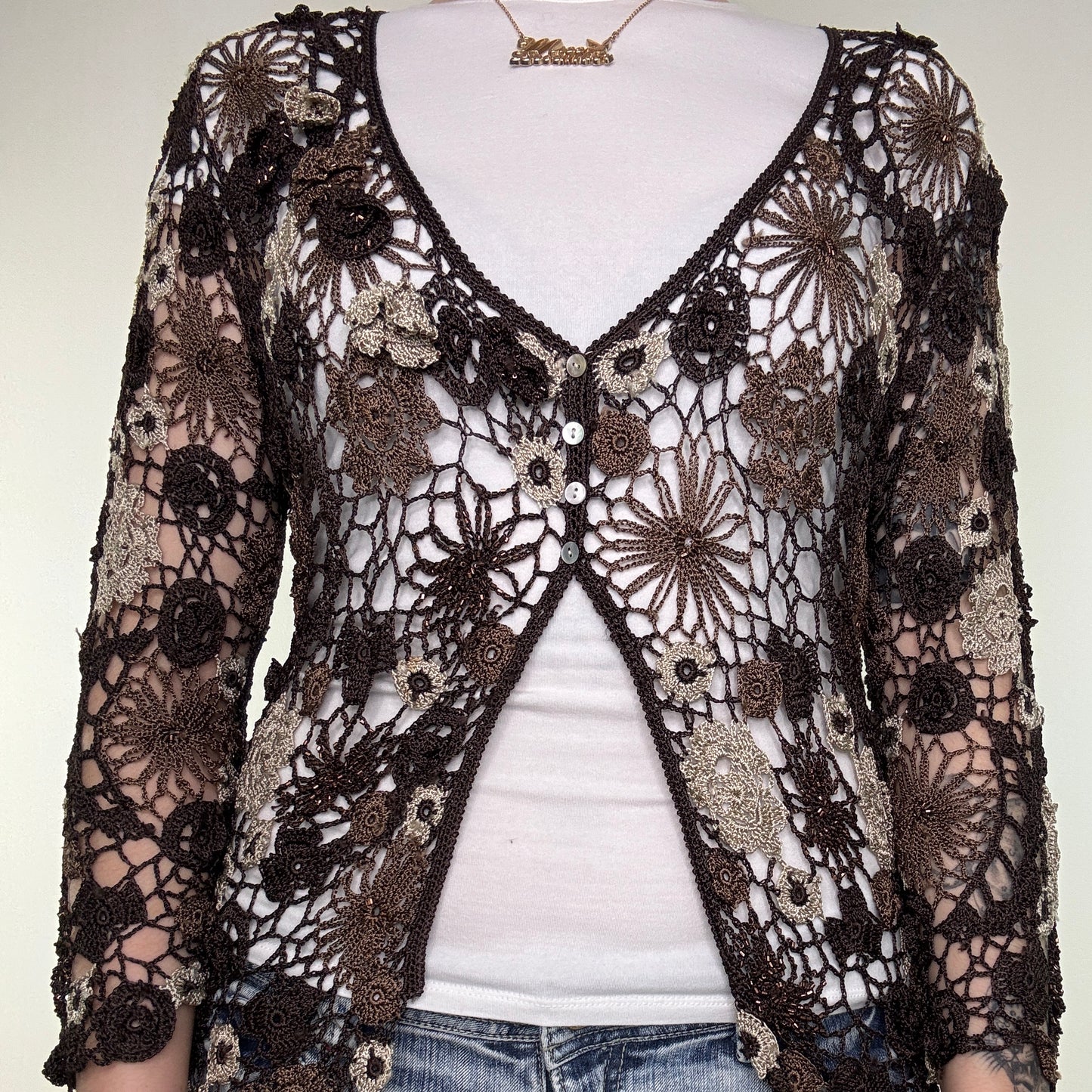 Y2K vintage crochet floral cardigan v neck boho fairy