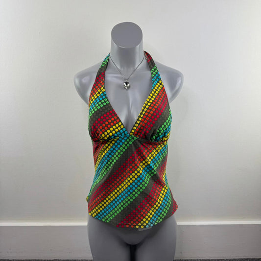 Y2K vintage polka dot halter neck swimwear top v neck padded cups multi rainbow