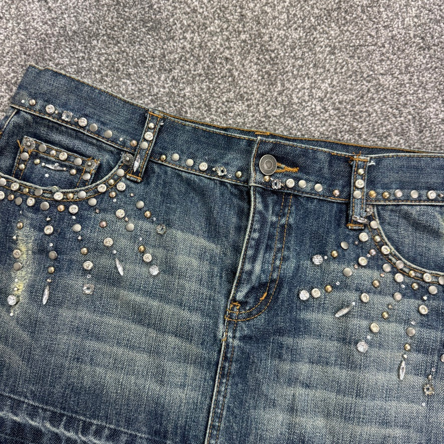 Y2K vintage low rise mini skirt rhinestone embellished faded denim fraying hem