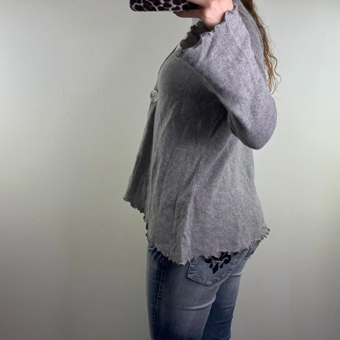 Y2K vintage cashmere angora blend cardigan button up lettuce hem