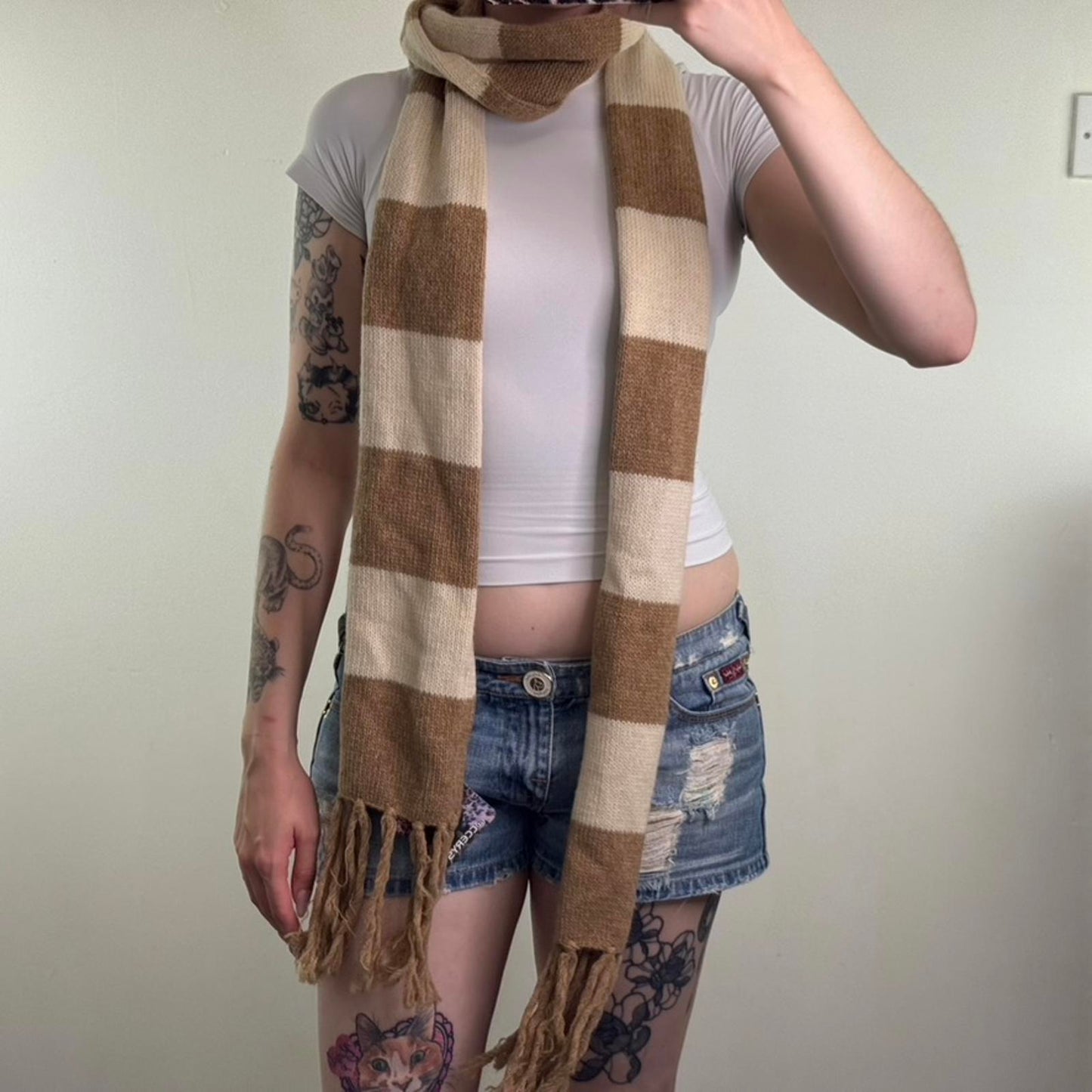 Y2K vintage wool blend stripe scarf long fringe cream light brown knitted knit