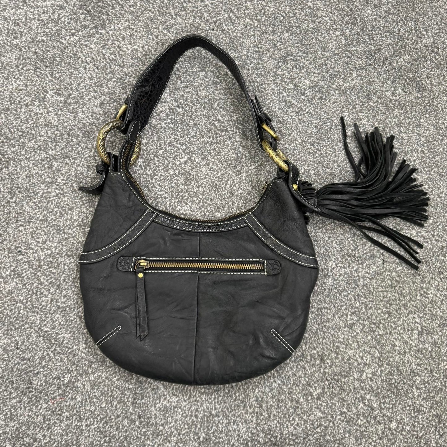Y2K vintage genuine leather shoulder bag butter soft fringe charm hobo slouchy
