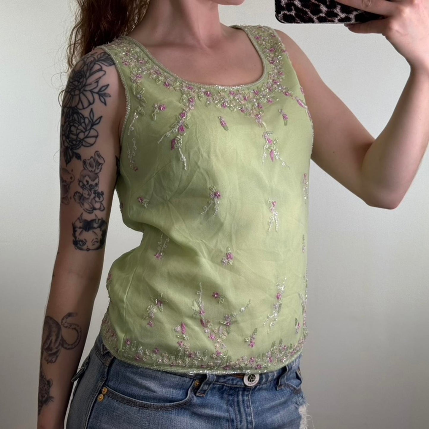 Y2K vintage 100% silk shell sleeveless blouse floral embroidered beaded sequin